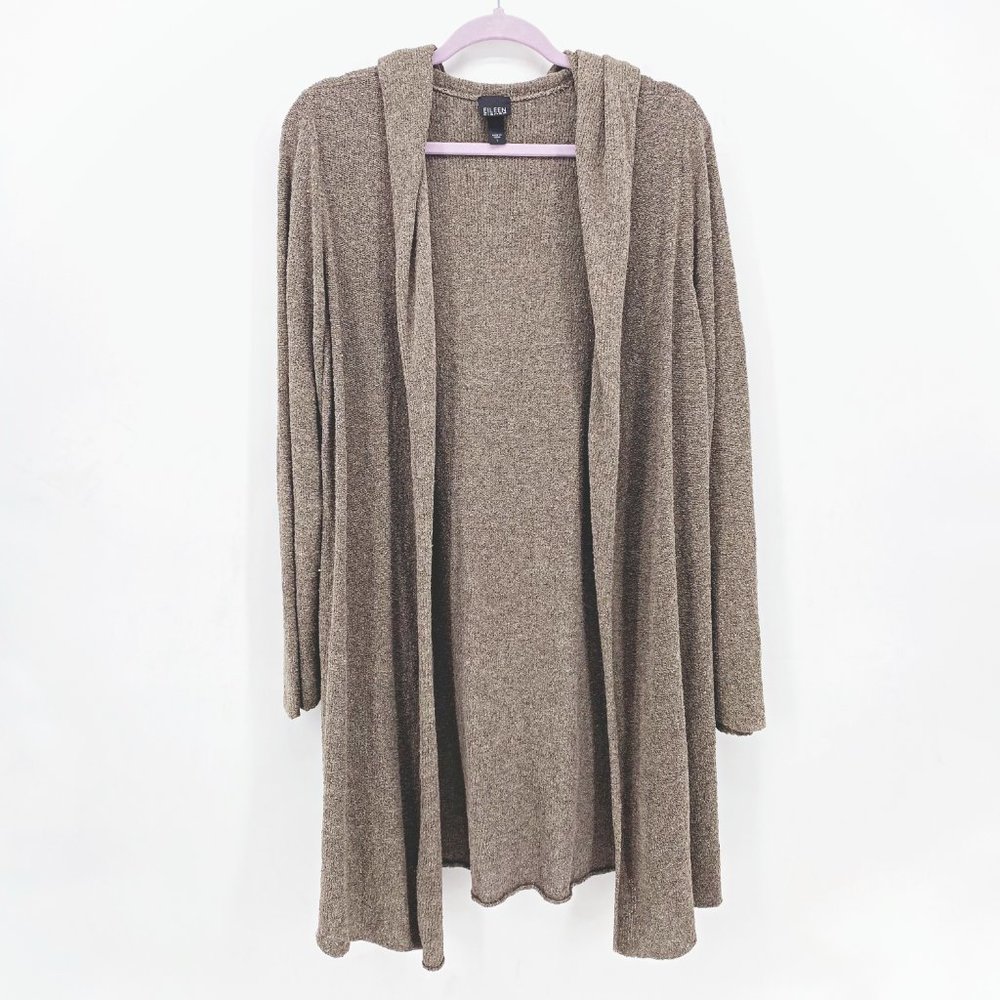 Eileen Fisher Brown Knit Open-Front Hooded Cardigan